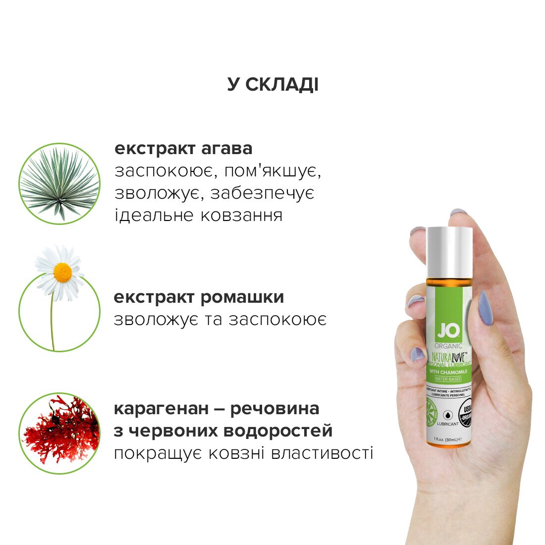JO (США) Змазка на водній основі JO NATURALOVE — ORGANIC (30 мл) з екстрактом листя агави та ромашки