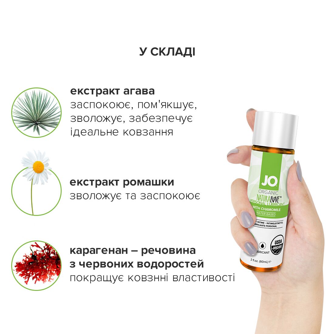 JO (США) Змазка на водній основі JO NATURALOVE — ORGANIC (60 мл) з екстрактом листя агави та ромашки