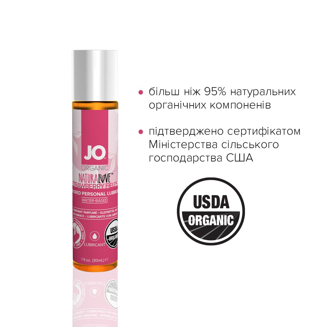JO (США) Змазка на водній основі JO NATURALOVE Strawberry (30 мл) з екстрактом ромашки та листя агави