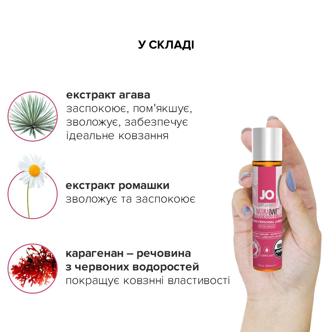 JO (США) Змазка на водній основі JO NATURALOVE Strawberry (30 мл) з екстрактом ромашки та листя агави