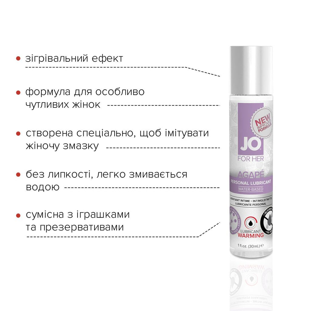 JO (США) Розігрівальна змазка JO AGAPE — WARMING (30 мл) без гліцерину, гліколю та парабенів