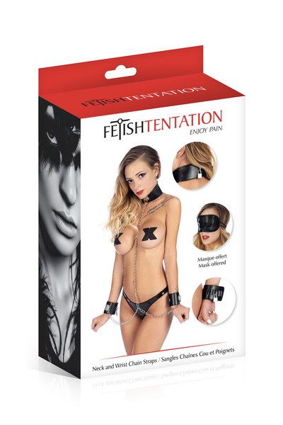 Fetish Tentation (Франція) Нашийник з наручниками і ланцюжком Fetish Tentation Neck and Wrist Chain Straps з маскою на очі