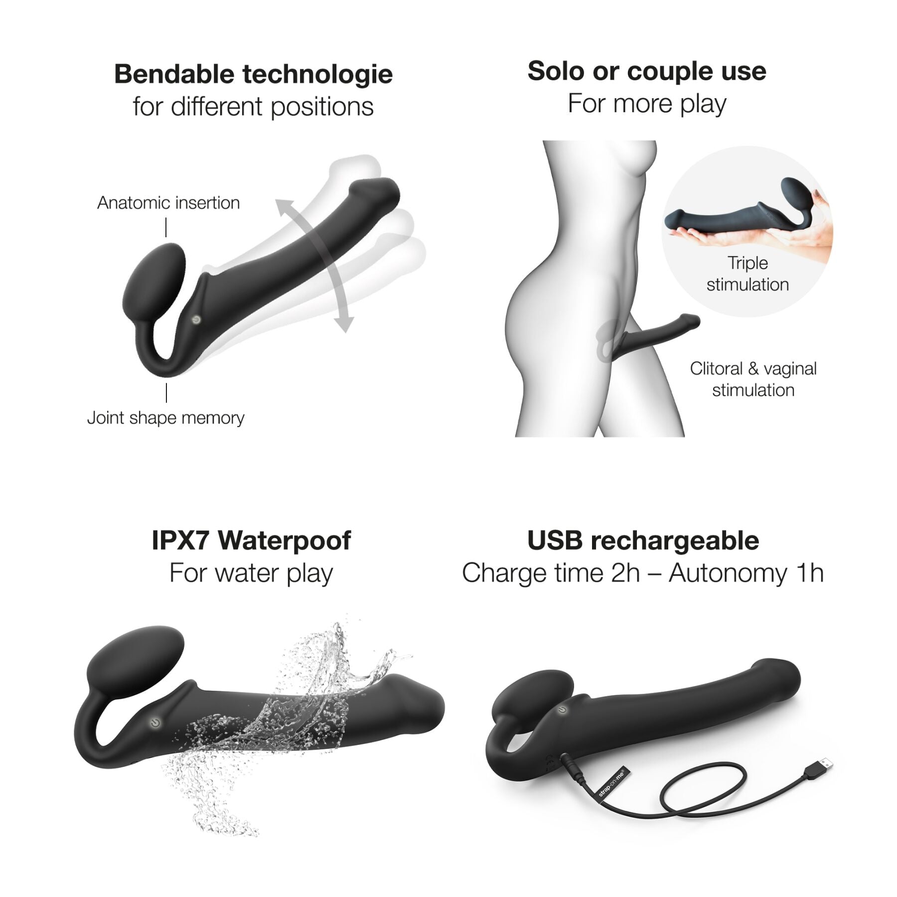 Strap-On-Me (Франція) Безремінний страпон з вібрацією Strap-On-Me Vibrating Black L, діаметр 3,7см, пульт ДК, регульований