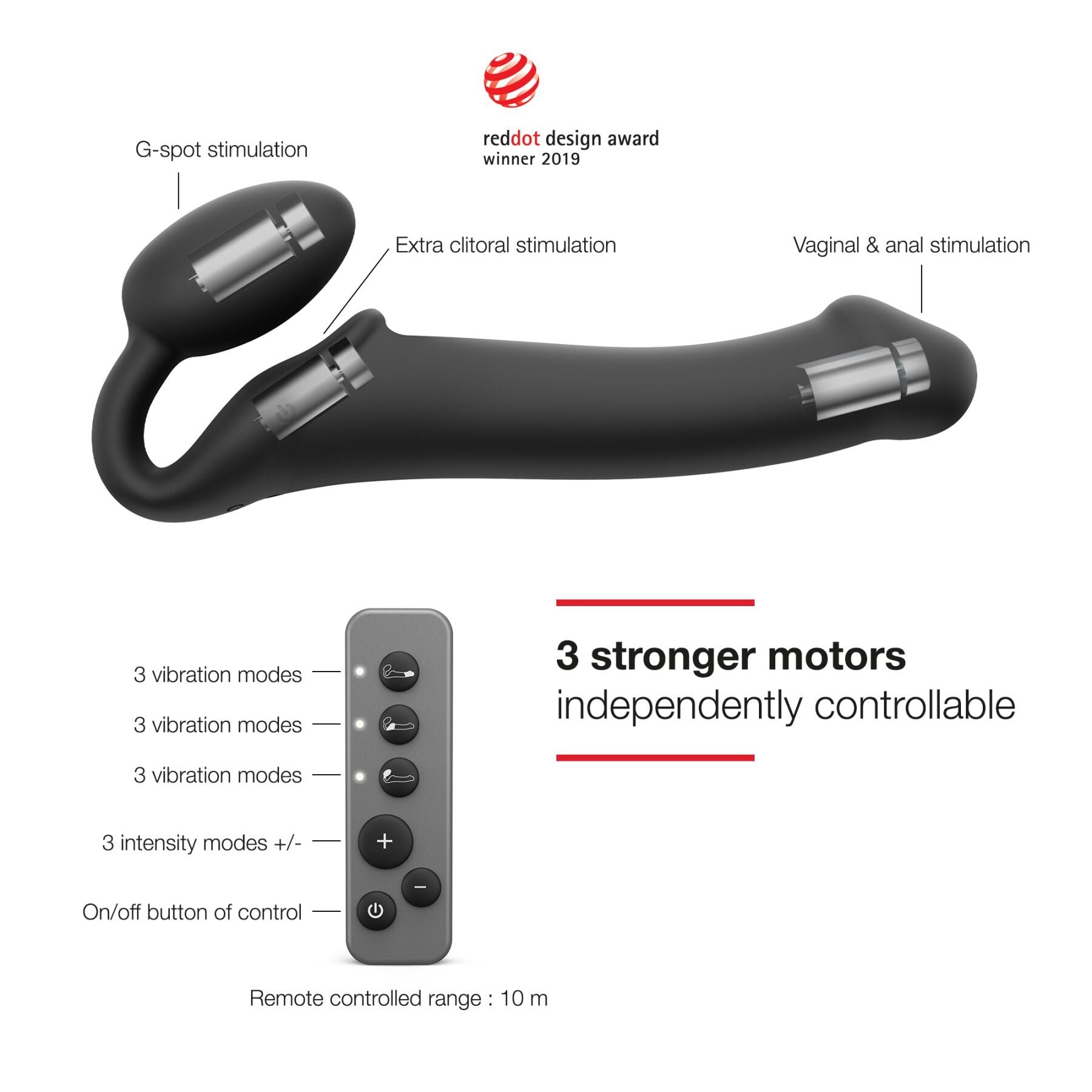 Strap-On-Me (Франція) Безремінний страпон з вібрацією Strap-On-Me Vibrating Black L, діаметр 3,7см, пульт ДК, регульований