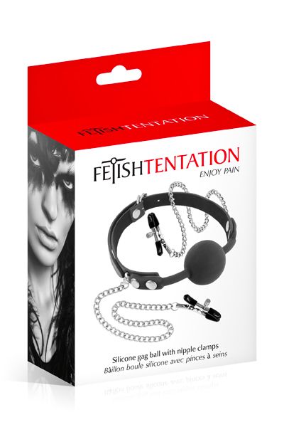Fetish Tentation (Франція) Кляп з силіконовою кулькою і затискачами для сосків Fetish Tentation Gag Ball with Nipple Clamps