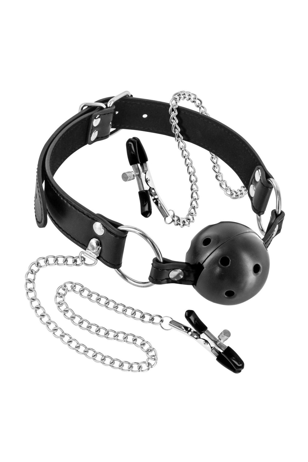 Fetish Tentation (Франція) Повітропроникний кляп із затискачами для сосків Fetish Tentation Rigid Gag Ball with Nipple Clamps