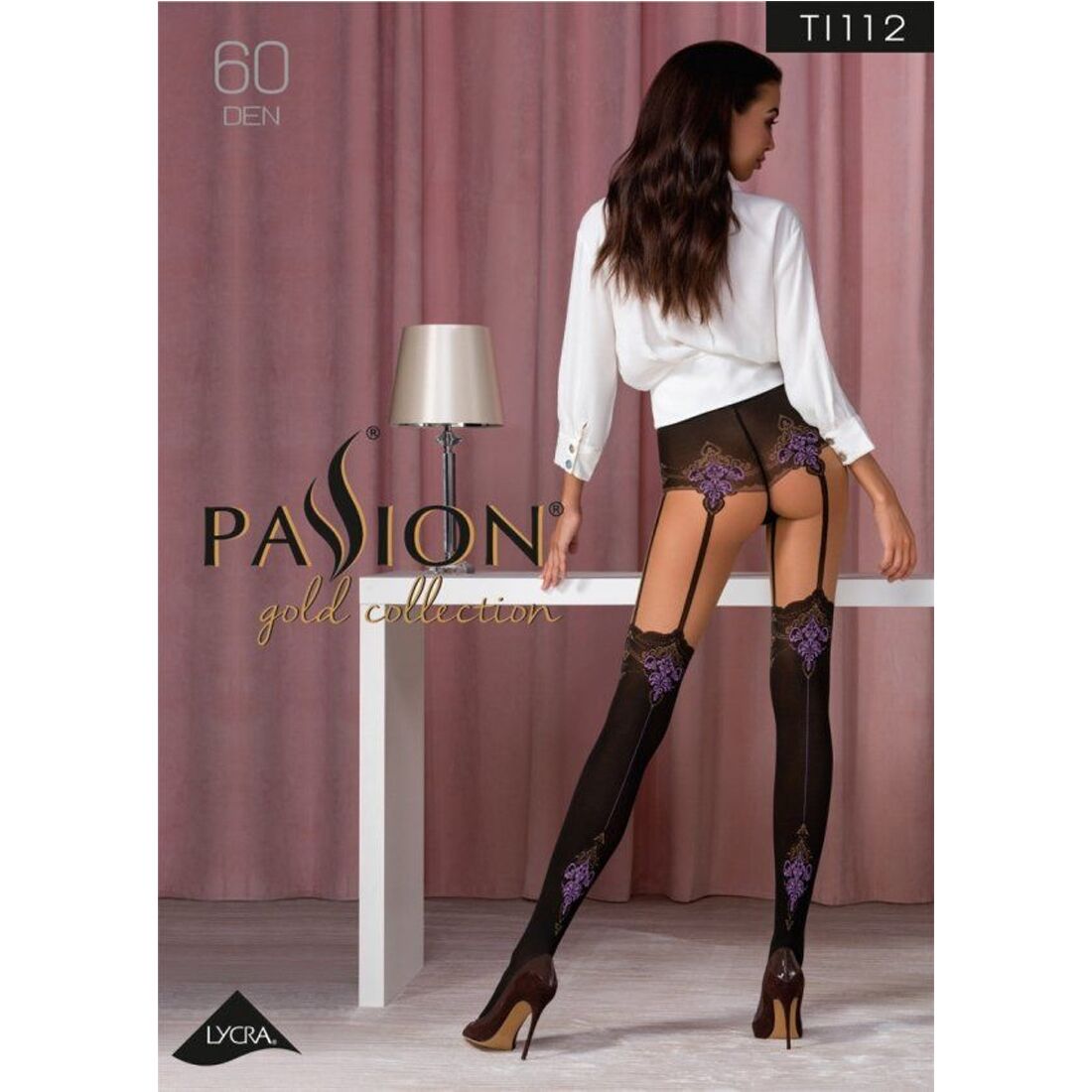 Passion (Польща) Колготки з ефектом панчох на підв'язках Passion TI112 3/4 (60/20 den), nero-violet