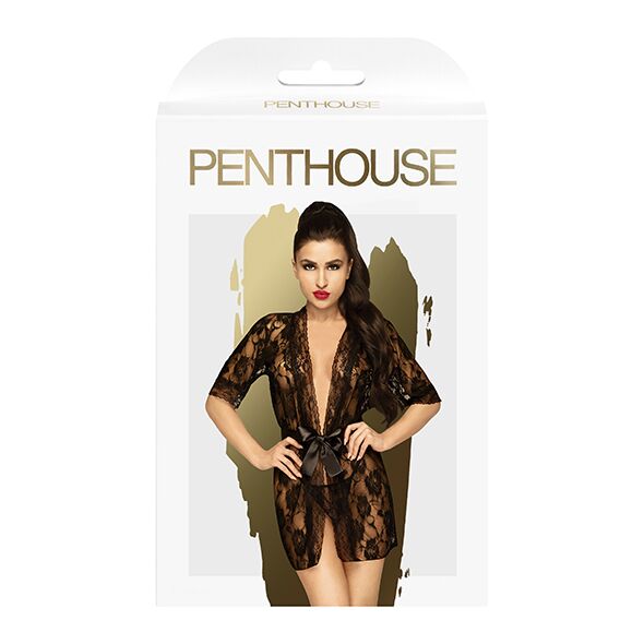 Penthouse (Німеччина) Комплект пеньюар з декором у вигляді троянд та стрінгами Penthouse - Sweet Retreat Black S/L