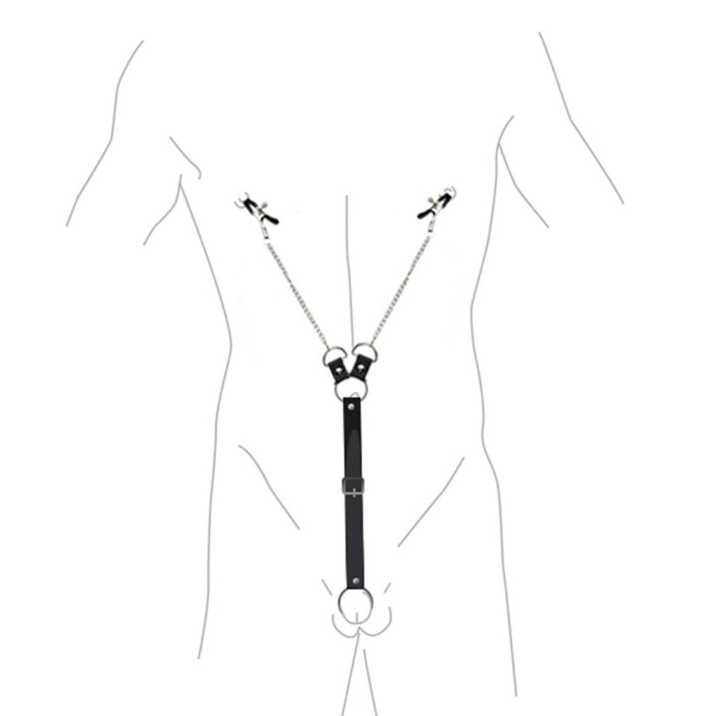 Затискачі для сосків з фіксацією на пенісі Art of Sex – Nipple Clamps for Men, екошкіра