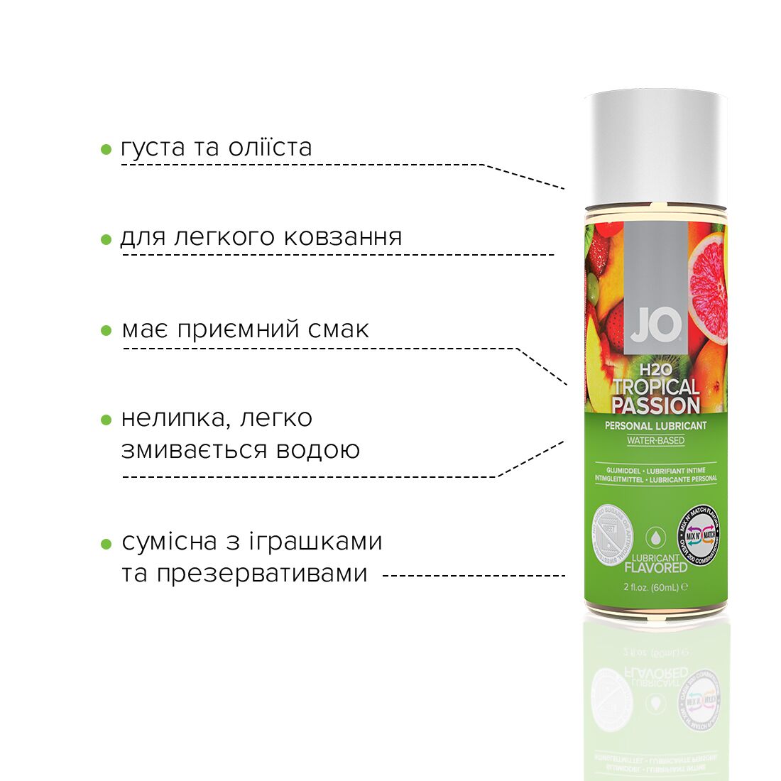 JO (США) Змазка на водній основі JO H2O — Tropical Passion (60 мл) без цукру, рослинний гліцерин