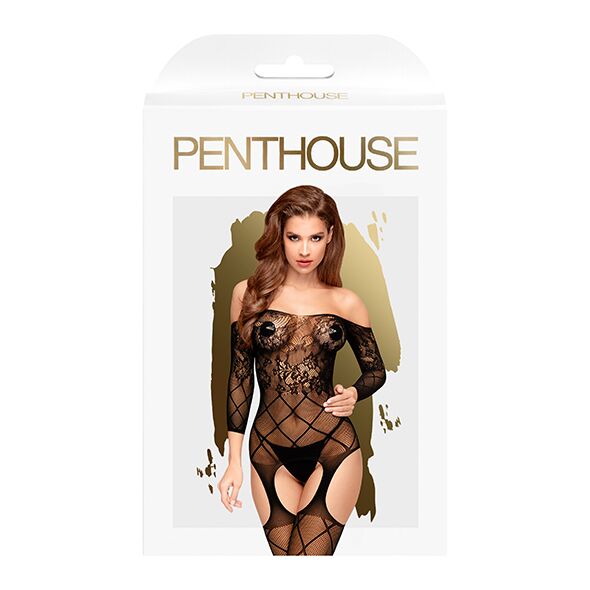 Penthouse (Німеччина) Бодістокінг з відкритими плечима та флористично-геометричним орнаментом Penthouse - Top-Notch Black