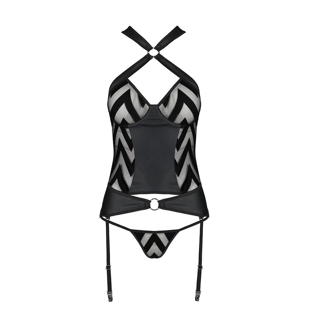 Passion (Польща) Сітчастий комплект з візерунком Passion HIMA CORSET L/XL black корсет з халтером, підв'язки, трусики