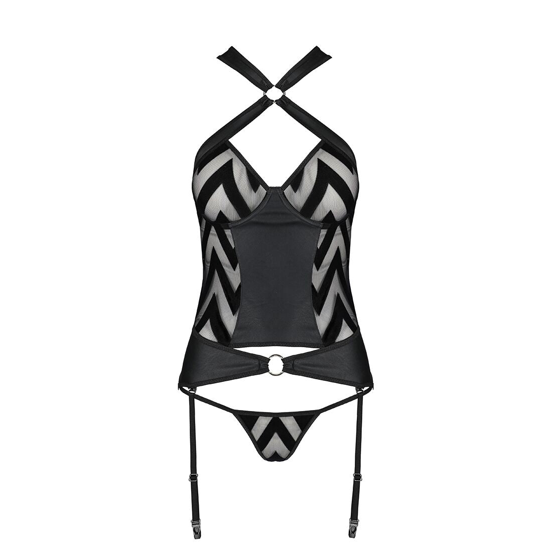 Passion (Польща) Сітчастий комплект з візерунком Passion HIMA CORSET L/XL black корсет з халтером, підв'язки, трусики