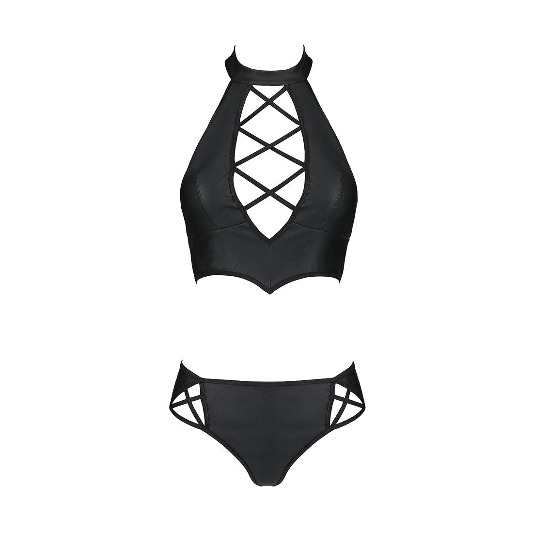 Passion (Польща) Комплект з еко-шкіри Passion NANCY BIKINI S/M, black, бра та трусики з імітацією шнурівки