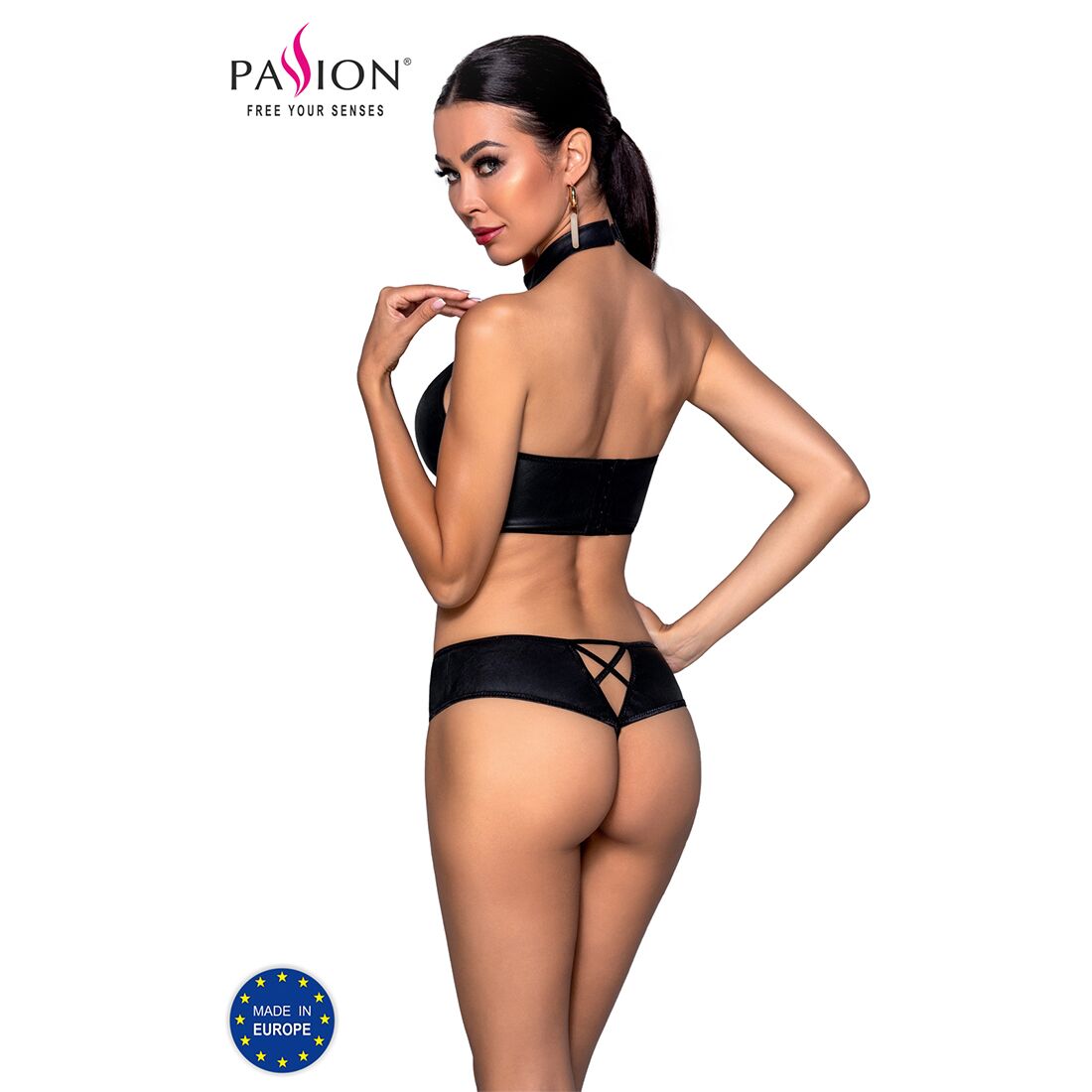 Passion (Польща) Комплект з еко-шкіри Passion NANCY BIKINI XXL/XXXL, black, бра та трусики з імітацією шнурівки