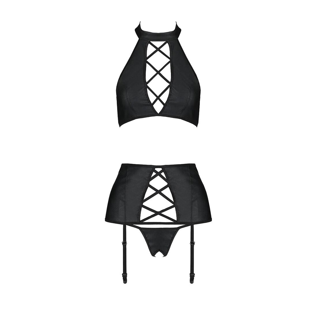 Passion (Польща) Комплект з еко-шкіри з імітацією шнурівки Passion NANCY SET L/XL black топ, трусики, пояс для панчіх