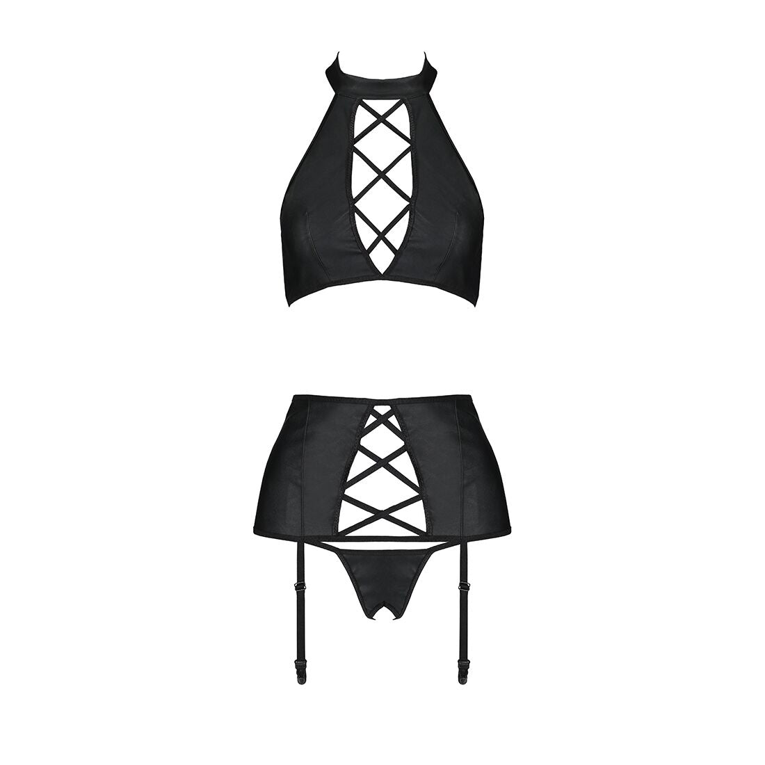 Passion (Польща) Комплект з еко-шкіри з імітацією шнурівки Passion NANCY SET L/XL black топ, трусики, пояс для панчіх