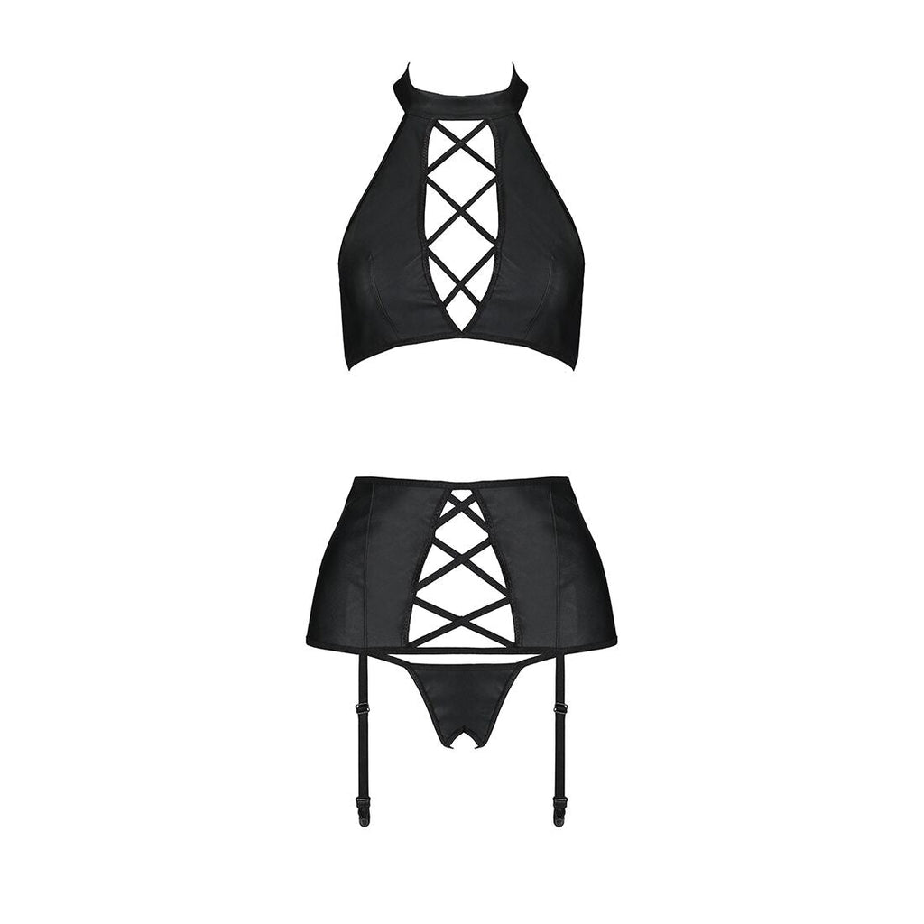 Комплект з еко-шкіри з імітацією шнурівки Passion NANCY SET L/XL black топ, трус