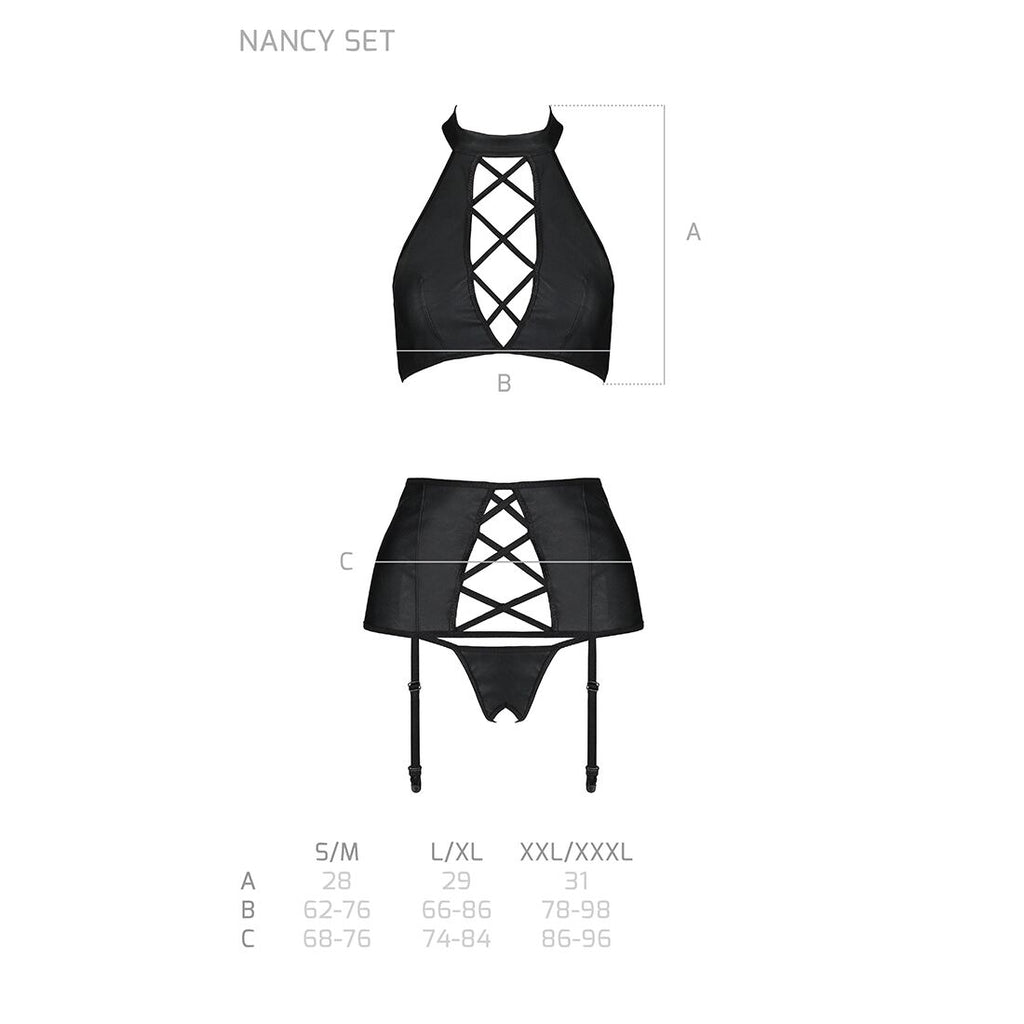 Passion (Польща) Комплект з еко-шкіри імітація шнурівки Passion NANCY SET XXL/XXXL black топ трусики пояс для панчіх