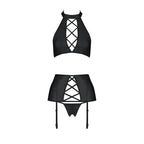 Комплект з еко-шкіри імітація шнурівки Passion NANCY SET XXL/XXXL black топ трусики пояс для панчіх