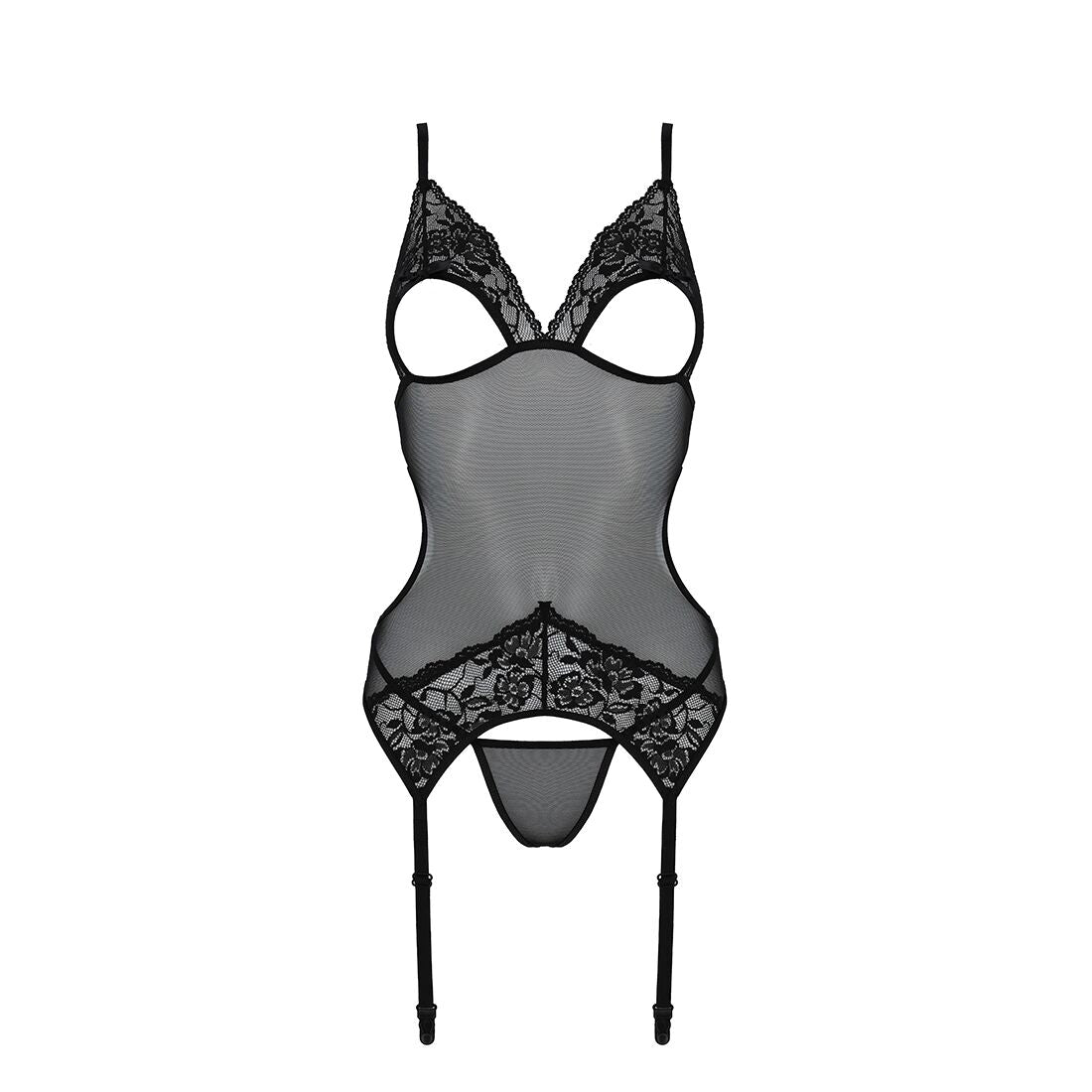 Passion (Польща) Корсет із підв’язками та ажурним ліфом Passion CHRISTA CORSET L/XL, black, стрінги в комплекті