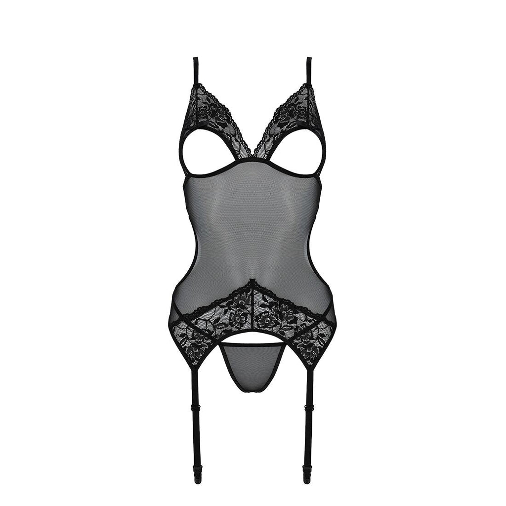 Корсет із підв’язками та ажурним ліфом Passion CHRISTA CORSET S/M, black, стрінг