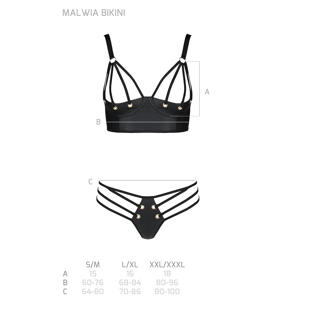 Passion (Польща) Комплект з екошкіри з люверсами та ремінцями Passion MALWIA BIKINI S/M, black, бра та трусики