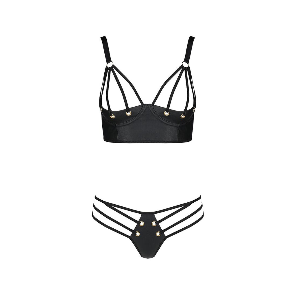 Passion (Польща) Комплект з екошкіри з люверсами та ремінцями Passion MALWIA BIKINI S/M, black, бра та трусики