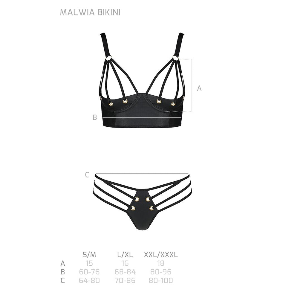 Passion (Польща) Комплект з екошкіри з люверсами та ремінцями Passion MALWIA BIKINI XXL/XXXL, black, бра та трусики