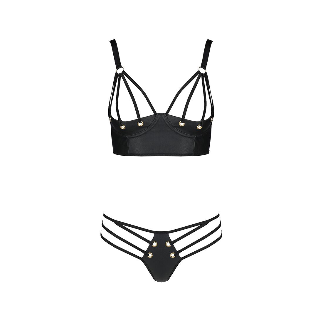 Passion (Польща) Комплект з екошкіри з люверсами та ремінцями Passion MALWIA BIKINI XXL/XXXL, black, бра та трусики