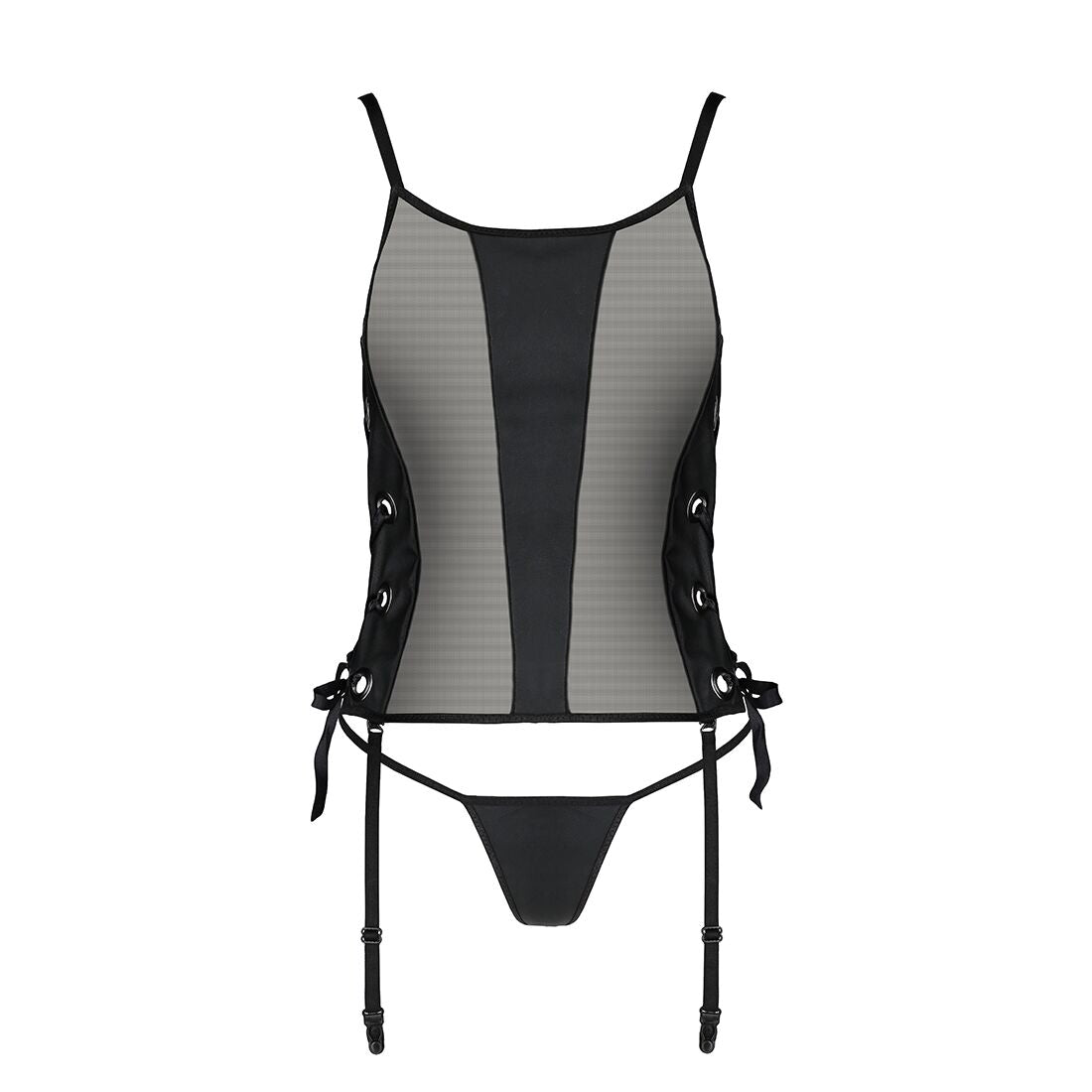 Passion (Польща) Сітчастий корсет з люверсами і знімними пажами Passion MALWIA CORSET 2XL/3XL black екошкіра, стрінги