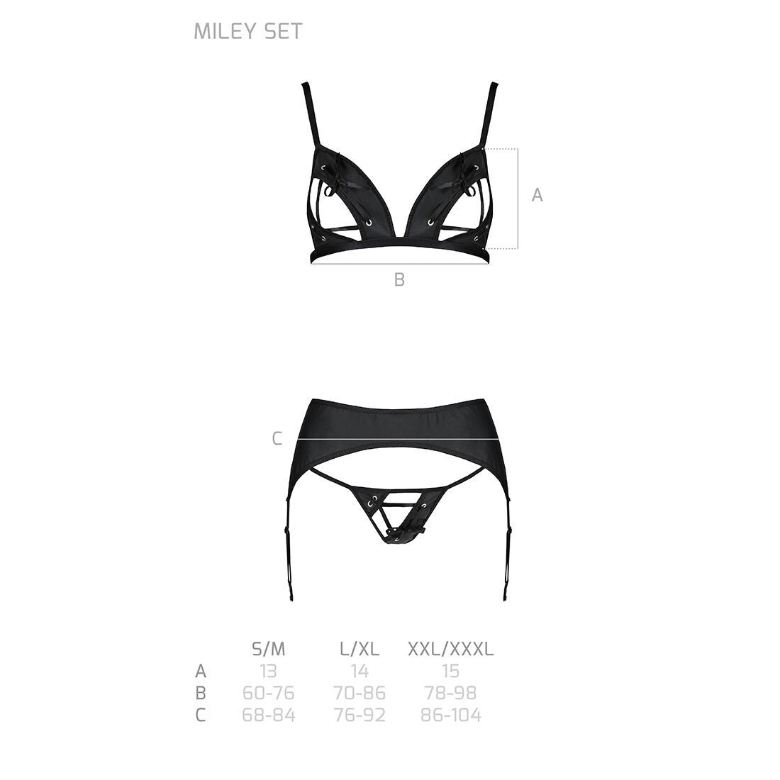 Passion (Польща) Комплект з екошкіри Passion MILEY SET L/XL, black, трусики, бюстгальтер, пояс для панчіх