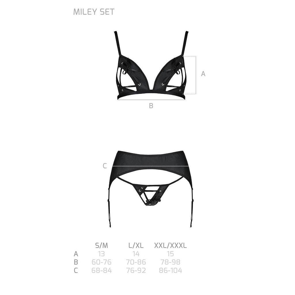 Passion (Польща) Комплект з екошкіри Passion MILEY SET XXL/XXXL, black, трусики, бюстгальтер, пояс для панчіх