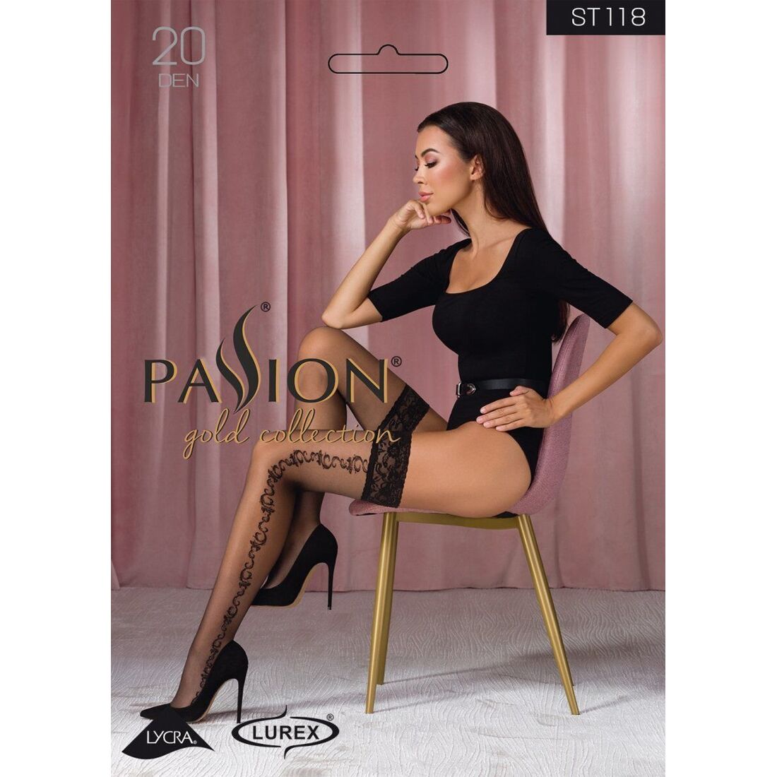 Passion (Польща) Панчохи Passion ST118 5 black, на ажурній силіконовій резинці, з бічним вертикальним малюнком