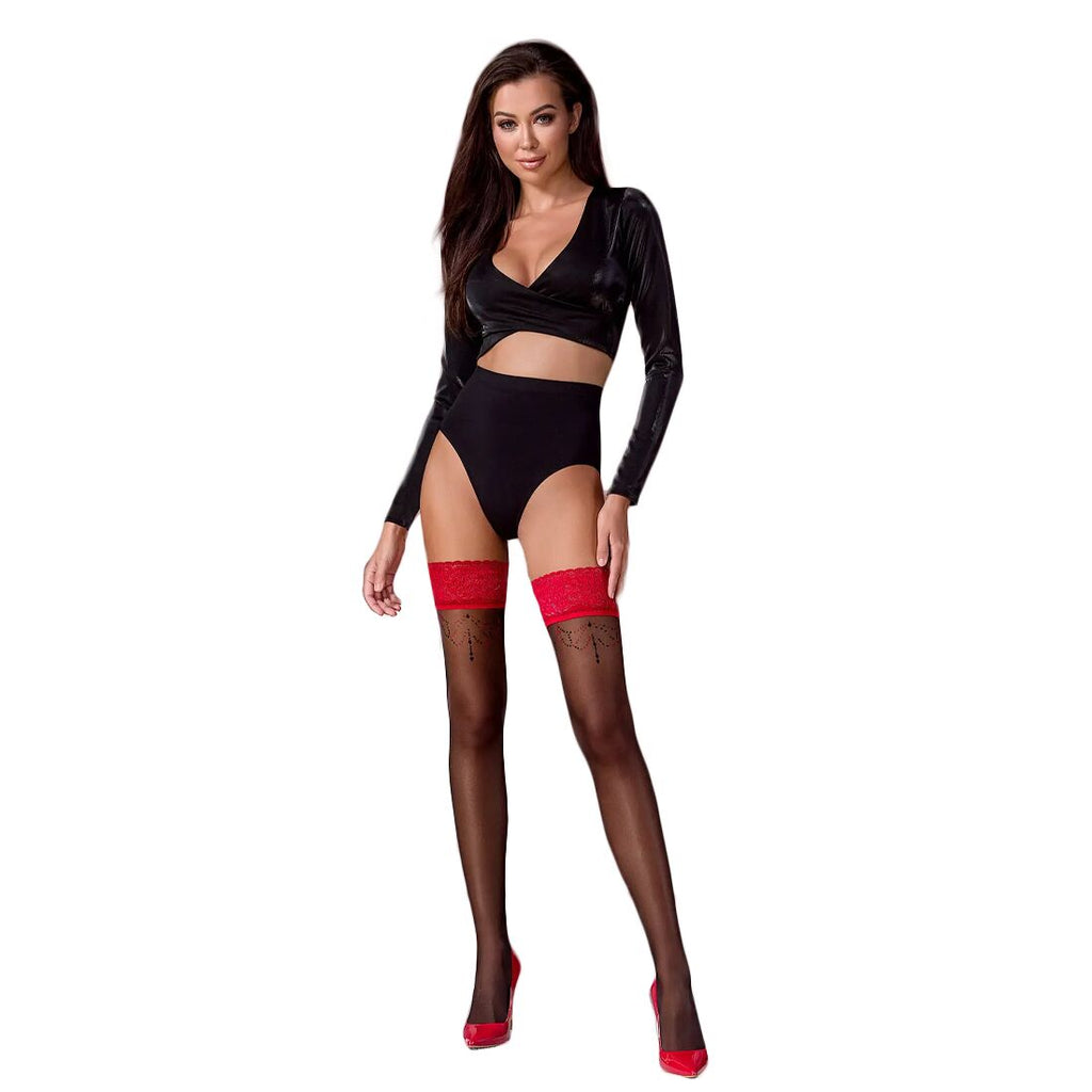 Passion (Польща) Панчохи Passion ST120 3/4 black-red, на ажурній силіконовій резинці, вишуканий декор та люрекс