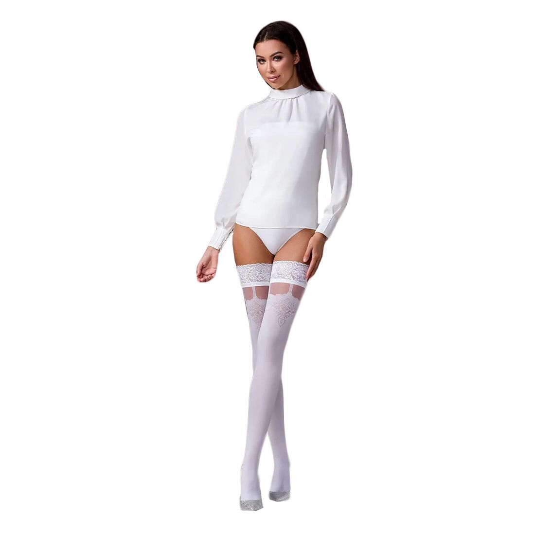 Passion (Польща) Панчохи Passion ST121 3/4 white на ажурній силіконовій резинці з квітковим орнаментом і вертикальним