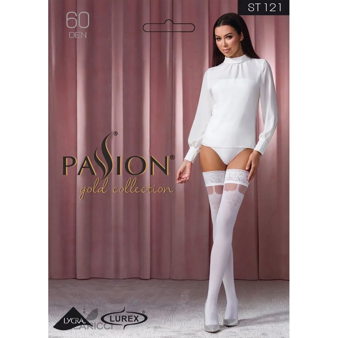 Passion (Польща) Панчохи Passion ST121 3/4 white на ажурній силіконовій резинці з квітковим орнаментом і вертикальним