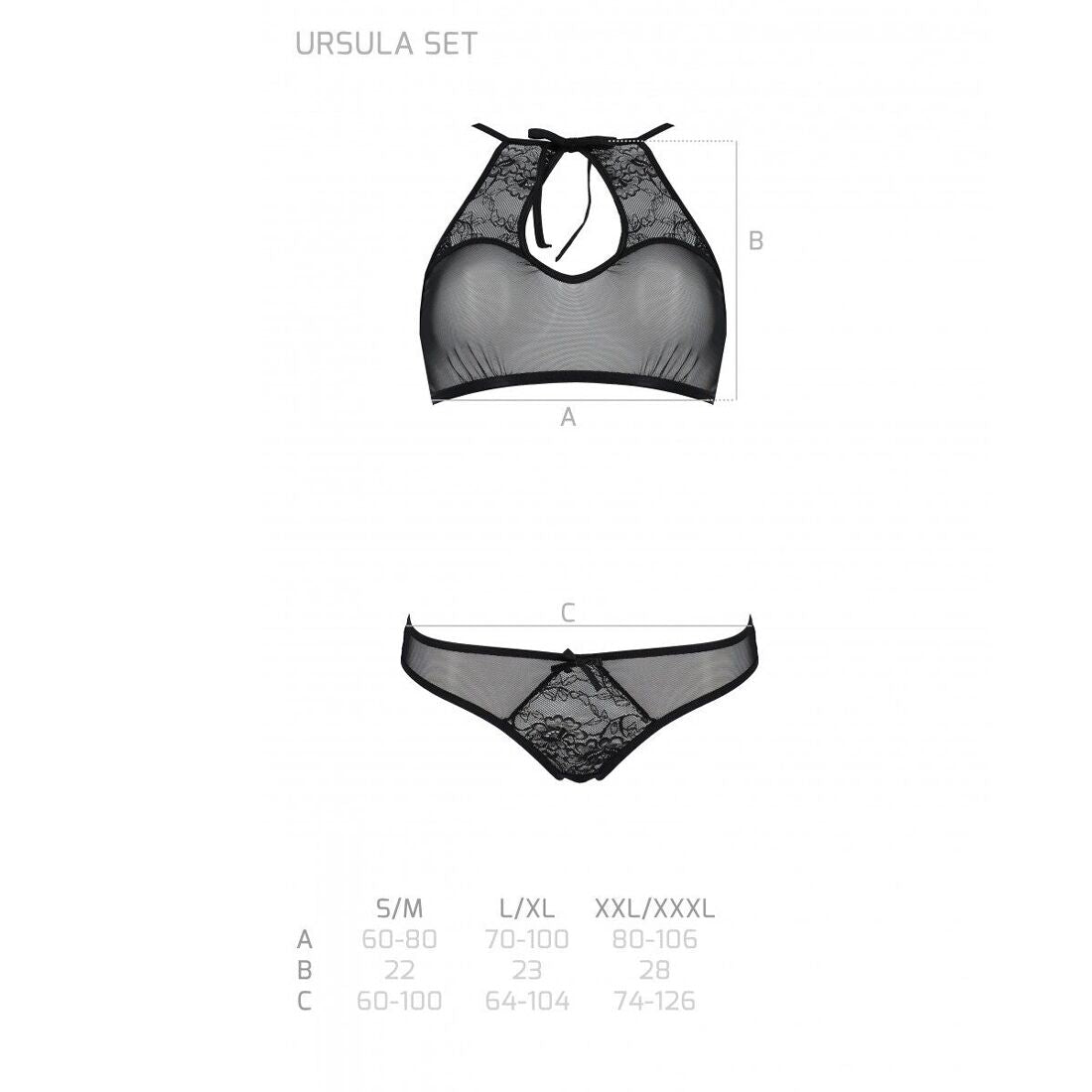 Passion (Польща) Комплект: бра, трусики з ажурним декором та відкритим кроком Passion URSULA SET L/XL, black
