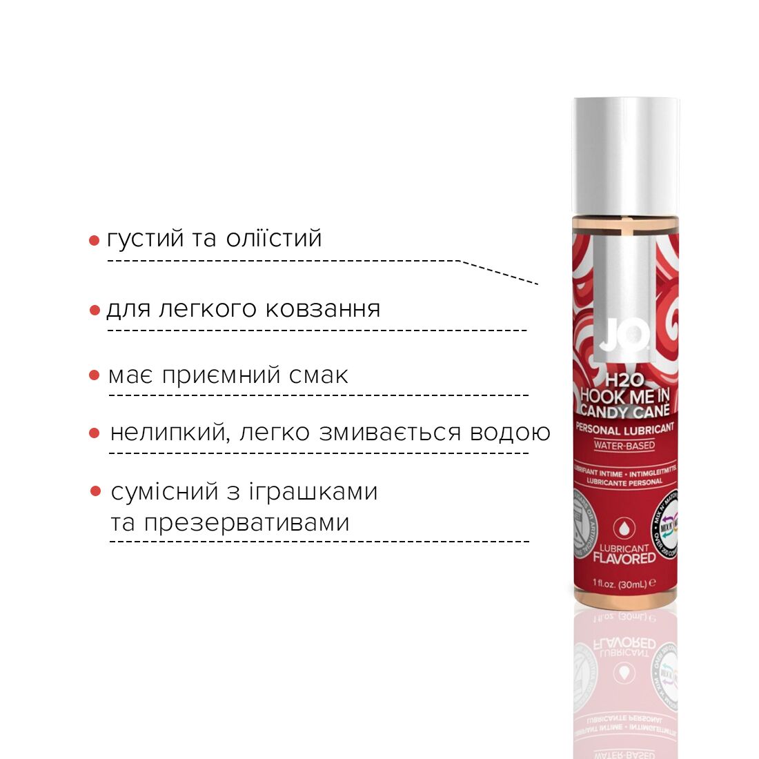JO (США) Лубрикант на водній основі JO H2O – Candy Cane без цукру, рослинний гліцерин (30 мл)