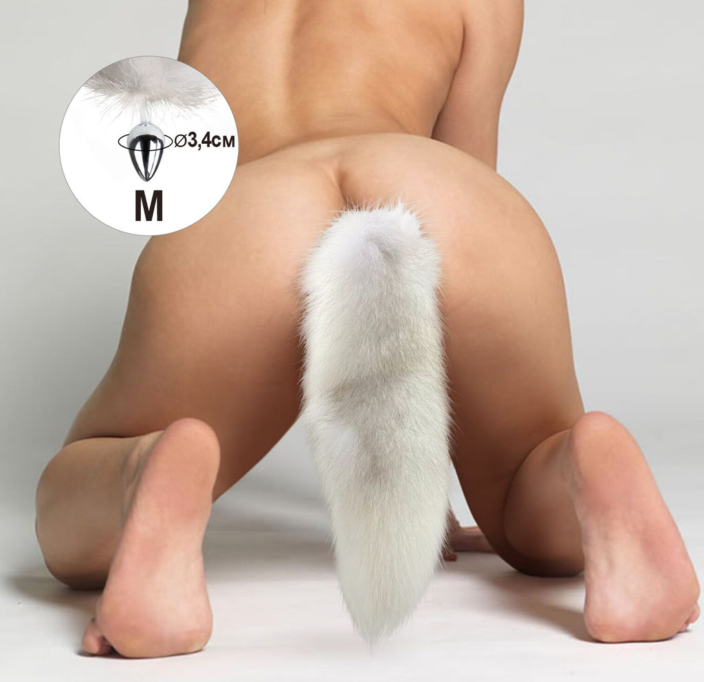 Металева анальна пробка з хвостом із натурального хутра Art of Sex size M White 