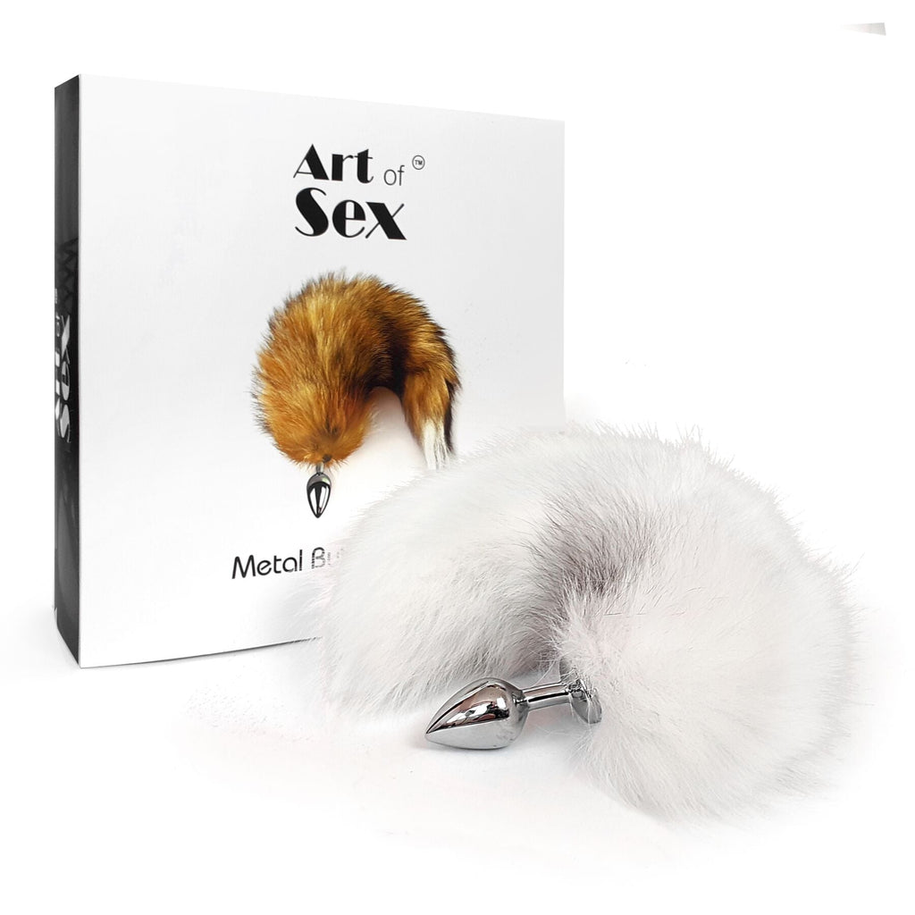Металева анальна пробка з хвостом із натурального хутра Art of Sex size M White 