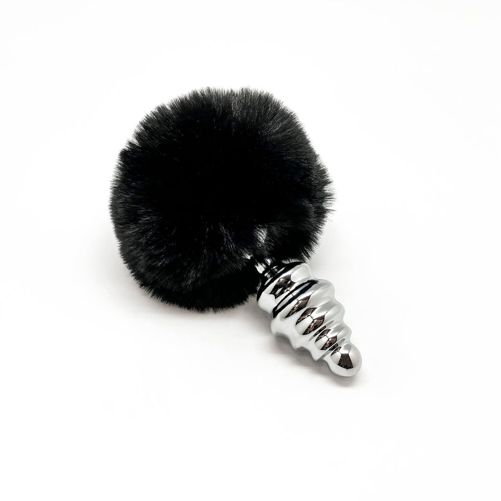 Металева анальна пробка Кролячий хвостик Alive Fluffy Twist Plug M Black, діамет