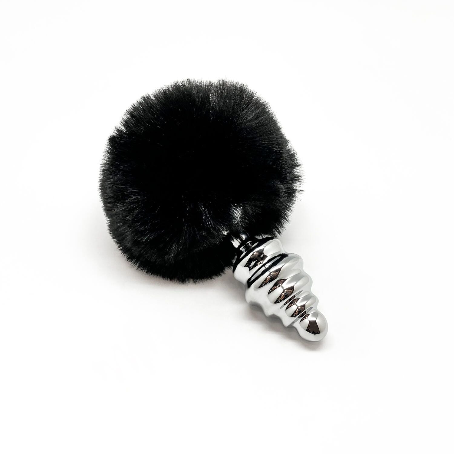 Металева анальна пробка Кролячий хвостик Alive Fluffy Twist Plug M Black, діамет