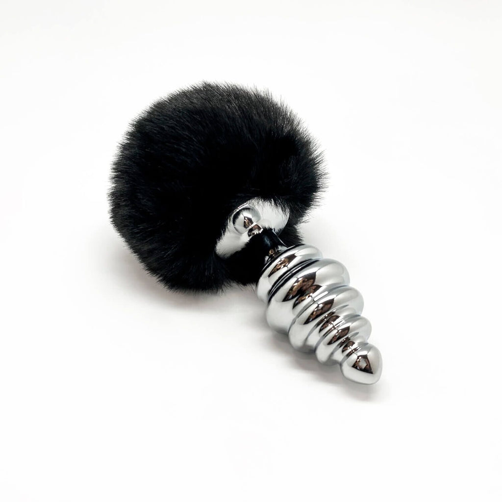 Металева анальна пробка Кролячий хвостик Alive Fluffy Twist Plug L Black, діамет