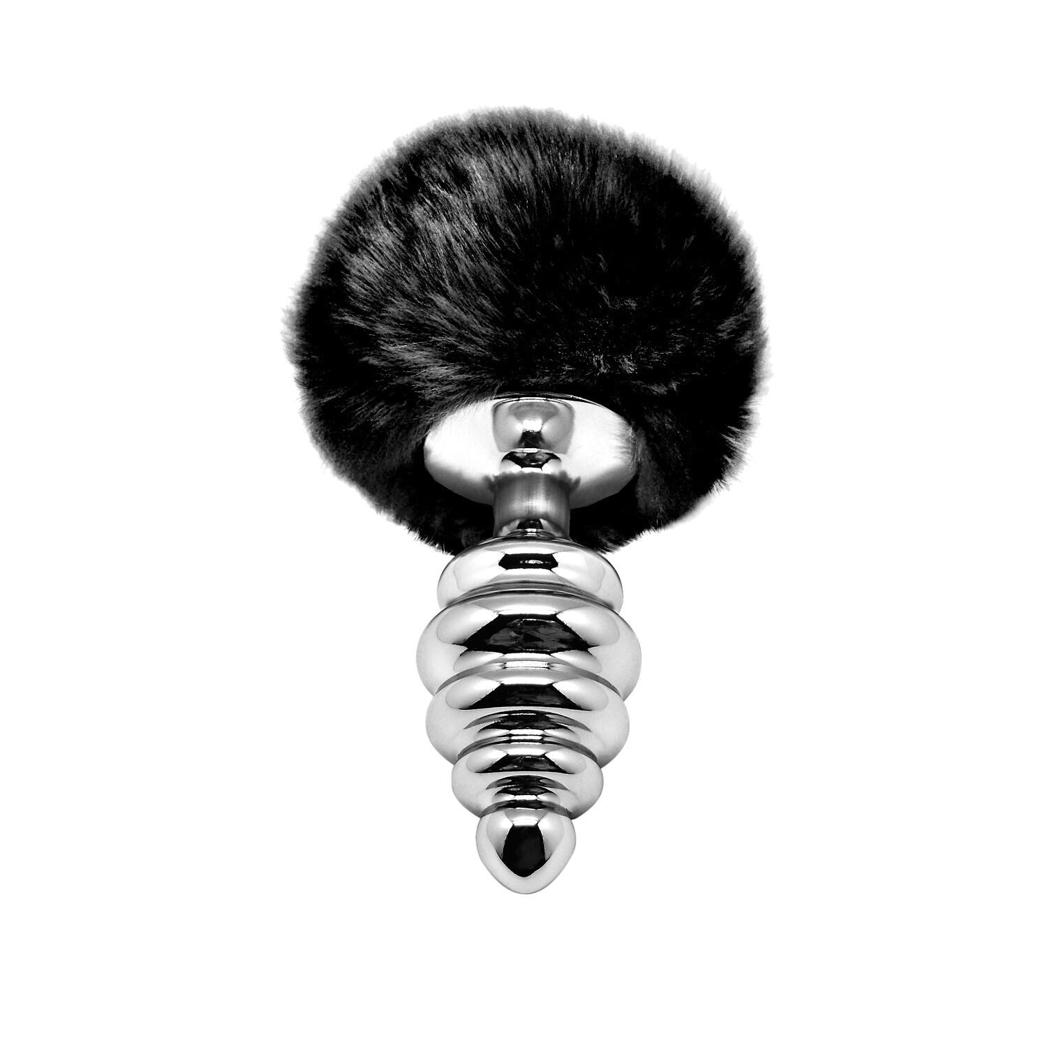 Металева анальна пробка Кролячий хвостик Alive Fluffy Twist Plug L Black, діамет