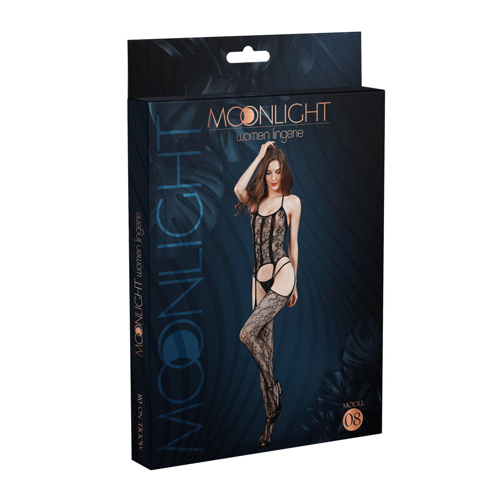 Moonlight (Іспанія) Бодістокінг з доступом Moonlight Model 08 XS-L Black, імітація корсета та панчіх на підв’язках