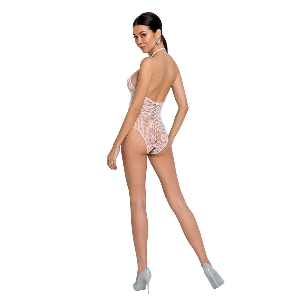 Passion (Польща) Бодістокінг у велику сітку Passion BS087 white, відкрита спина, халтер, з доступом