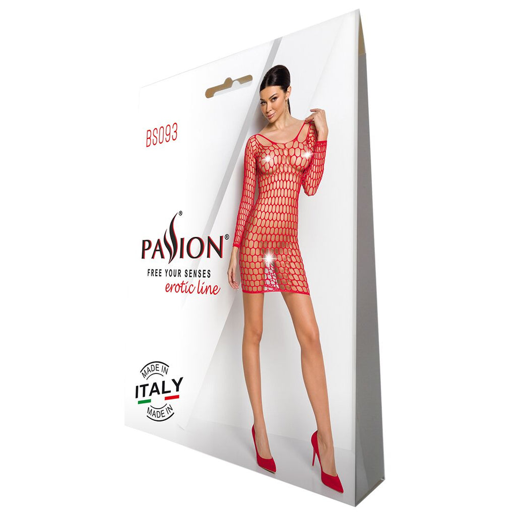 Passion (Польща) Бодістокінг-сукня з глибоким коміром Passion BS093 red, довгі рукави