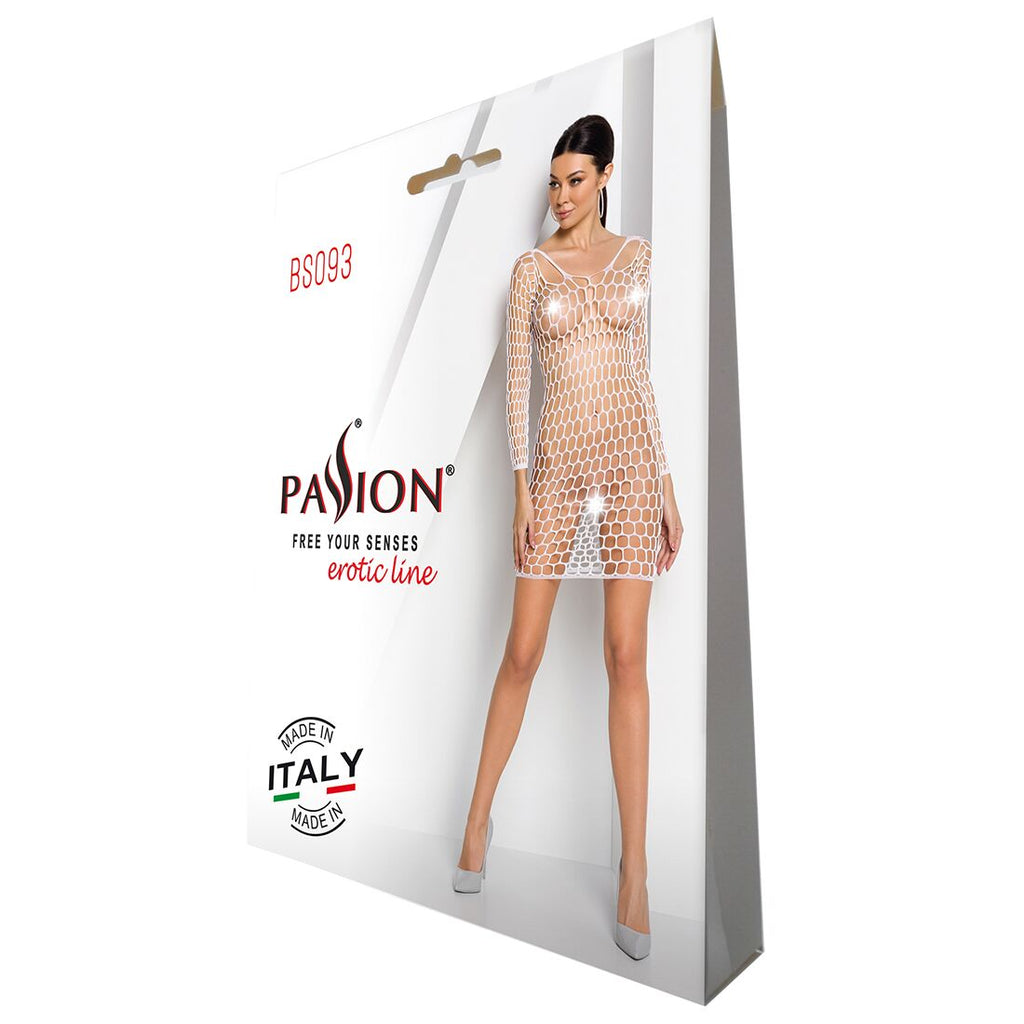 Passion (Польща) Бодістокінг-сукня з глибоким коміром Passion BS093 white, довгі рукави