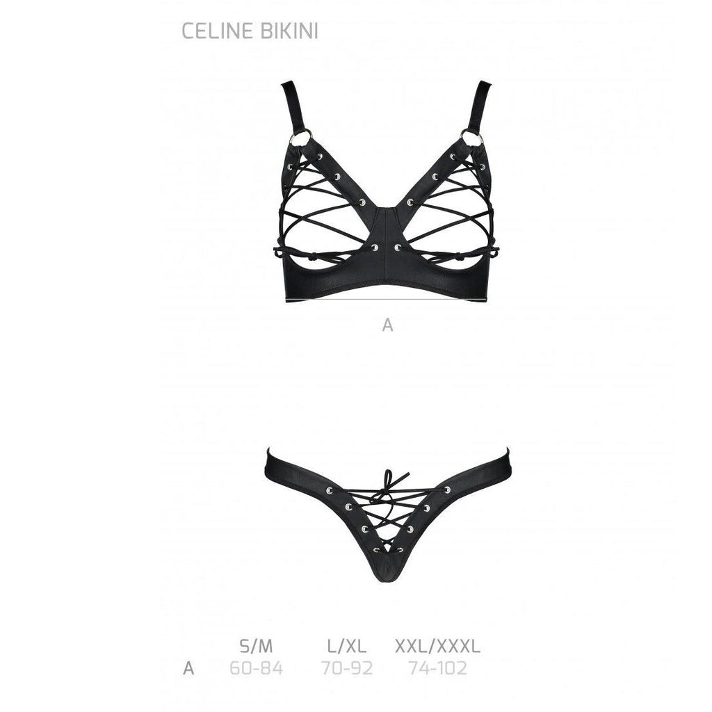 Passion (Польща) Комплект з екошкіри Passion CELINE BIKINI L/XL black, відкритий бра зі стрічками, стрінги